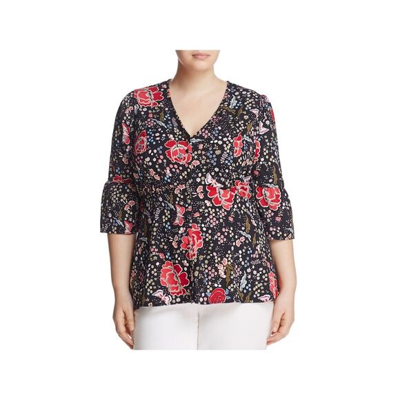 JUNAROSE Womens Black Printed Bell Sleeve V Neck Wear To Work Blouse 16 - Picture 1 of 2